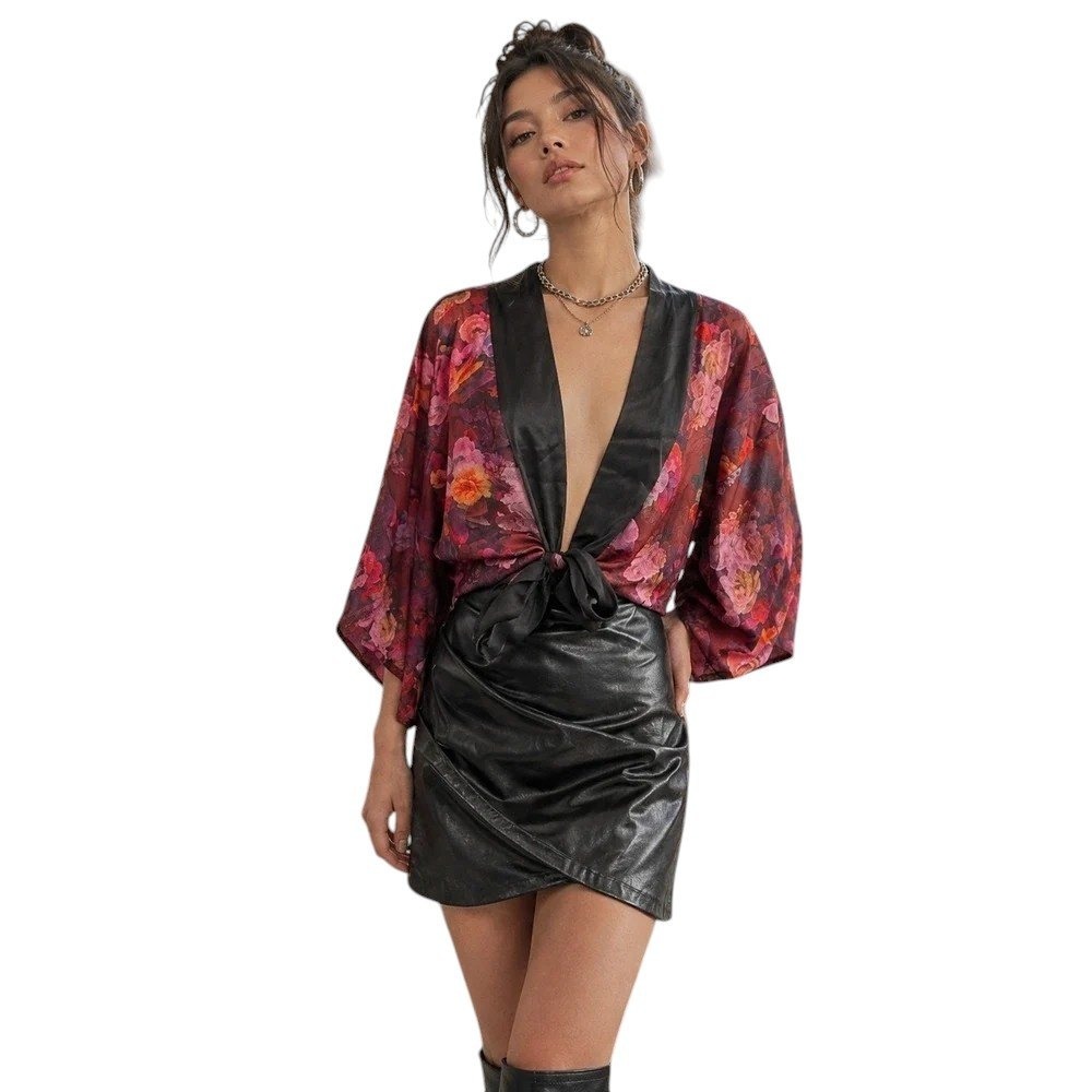 Zara Women Faux Leather Mini Skirt Large Black Draped Ruched Wrap Front NWOT